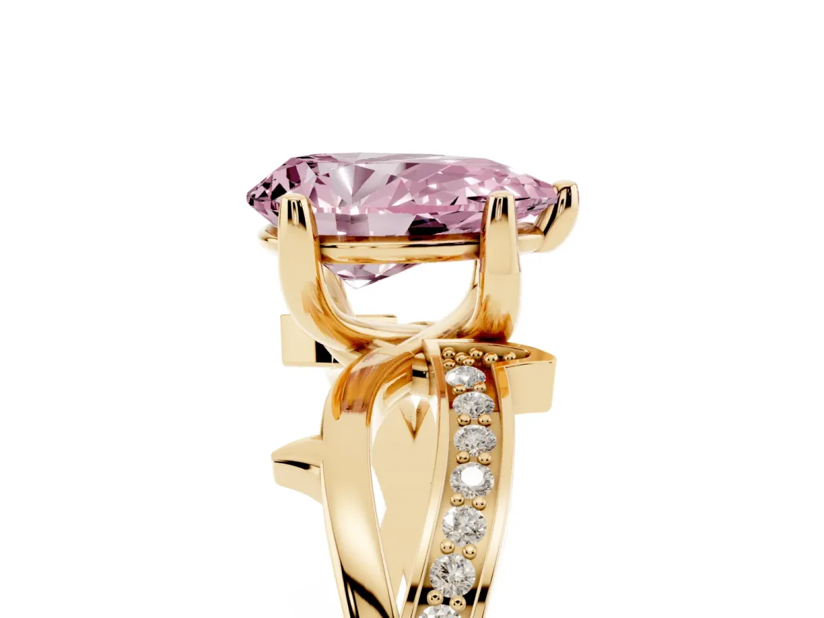 Fancy Pink Pear Cut Solitaire Twist Band with Pavé Accents and Four-Prong Setting Yellow gold