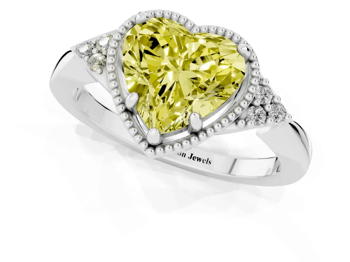 Fancy Yellow Heart Cut Diamond Halo Ring with Tapered Band and Four-Prong Setting Silver