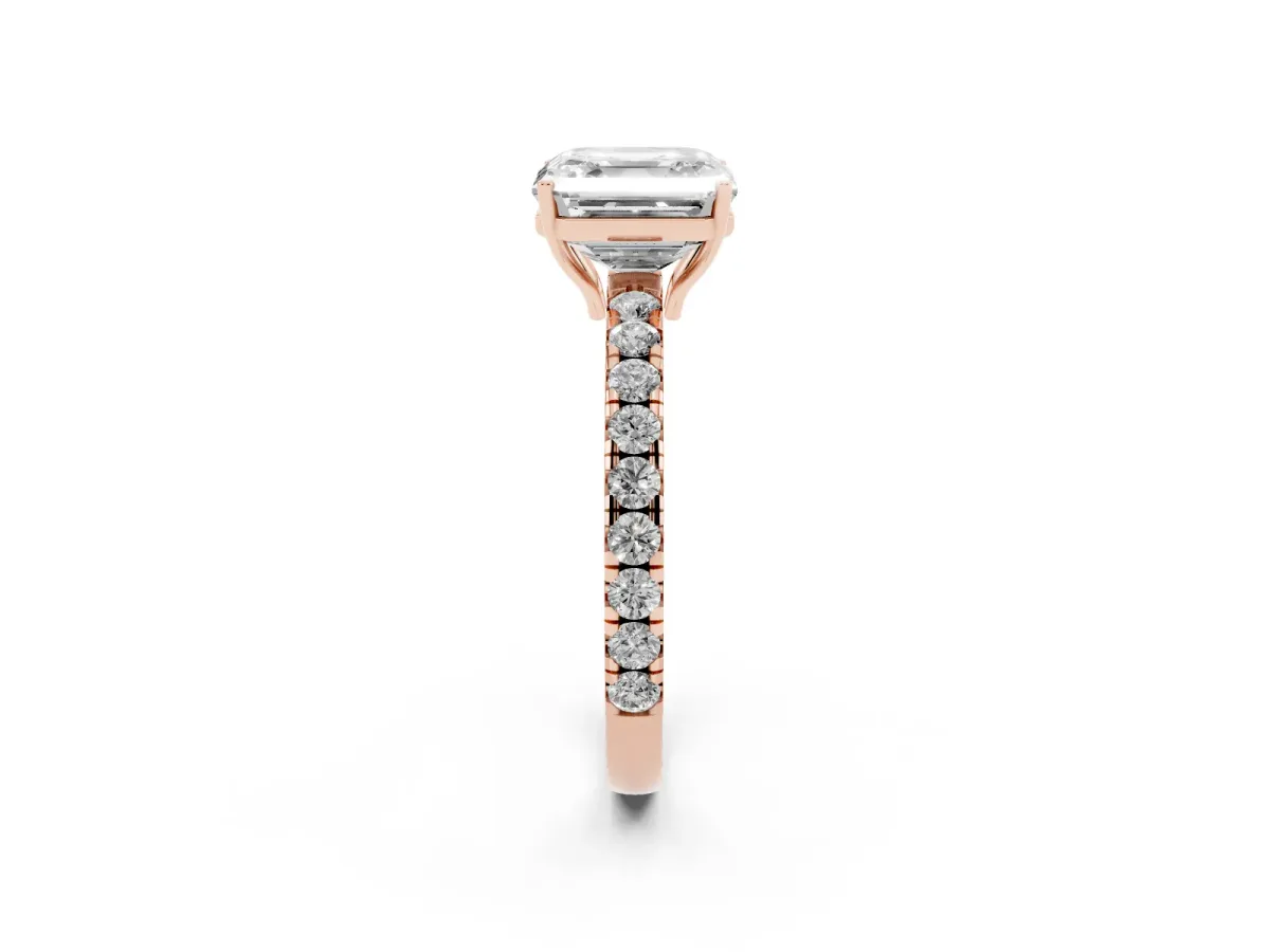 Asscher Cut Diamond Pavé Solitaire Engagement Ring with Four-Prong Setting Rose gold