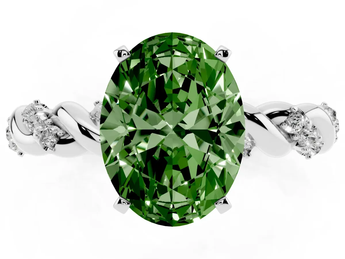 Fancy Green Oval Cut Diamond Solitaire Ring with Twisted Band and Pavé Accents White gold