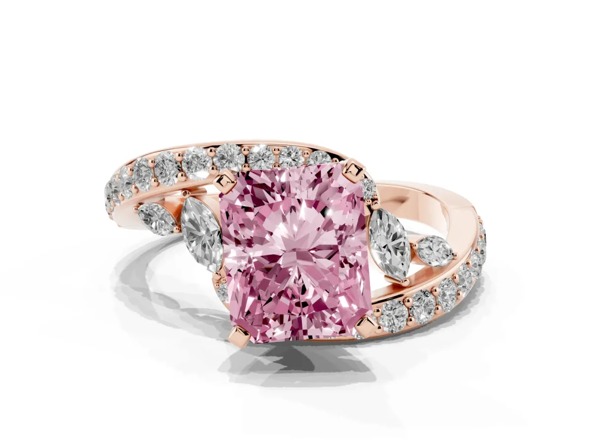 Fancy Pink Radiant Cut Solitaire with Pavé Twist Band and Four-Prong Setting Rose gold