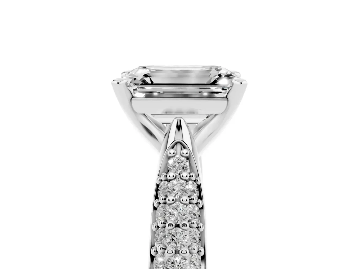 Emerald Cut Diamond Solitaire Engagement Ring with Multi-Row Round Pavé Band and Prong Setting Silver