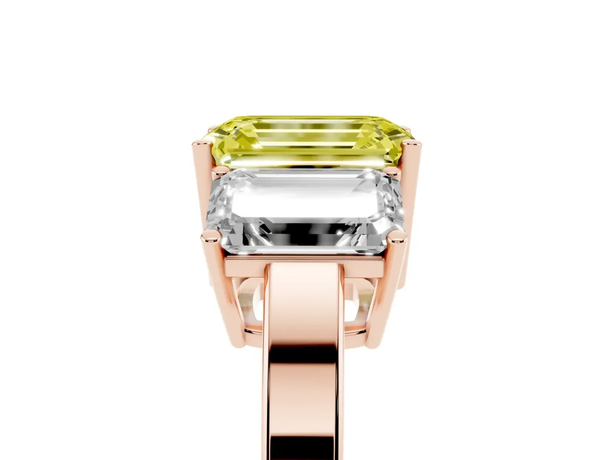 Fancy Yellow Three-Stone Emerald Cut Cut Diamond Engagement Ring with Flat Band and Four-Prong Setting Rose gold