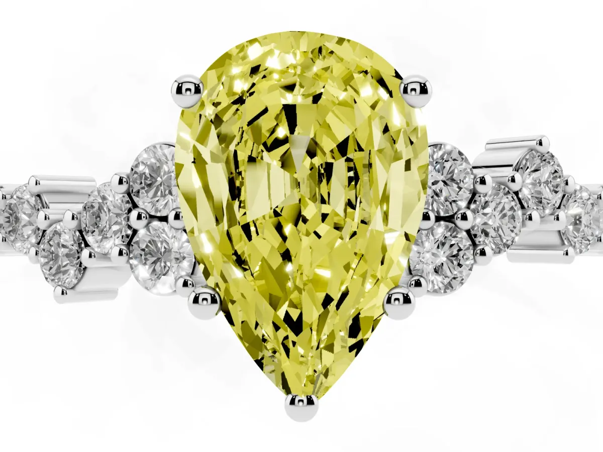 Fancy Yellow Pear Cut Diamond Scattered Round Accent Ring with Prong Setting White gold