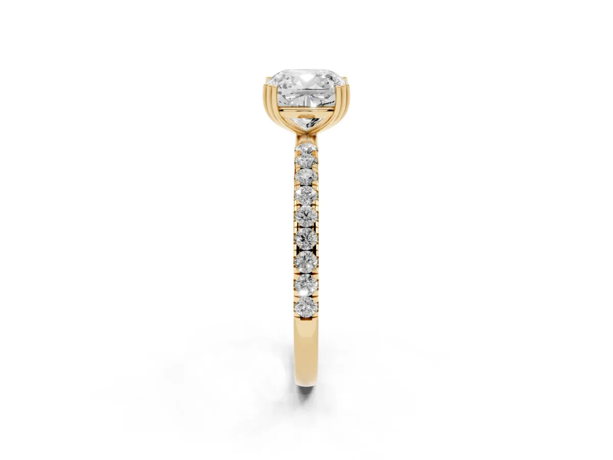 Cushion Cut Brilliant Solitaire with Pavé Band and Claw Prong Setting Yellow gold
