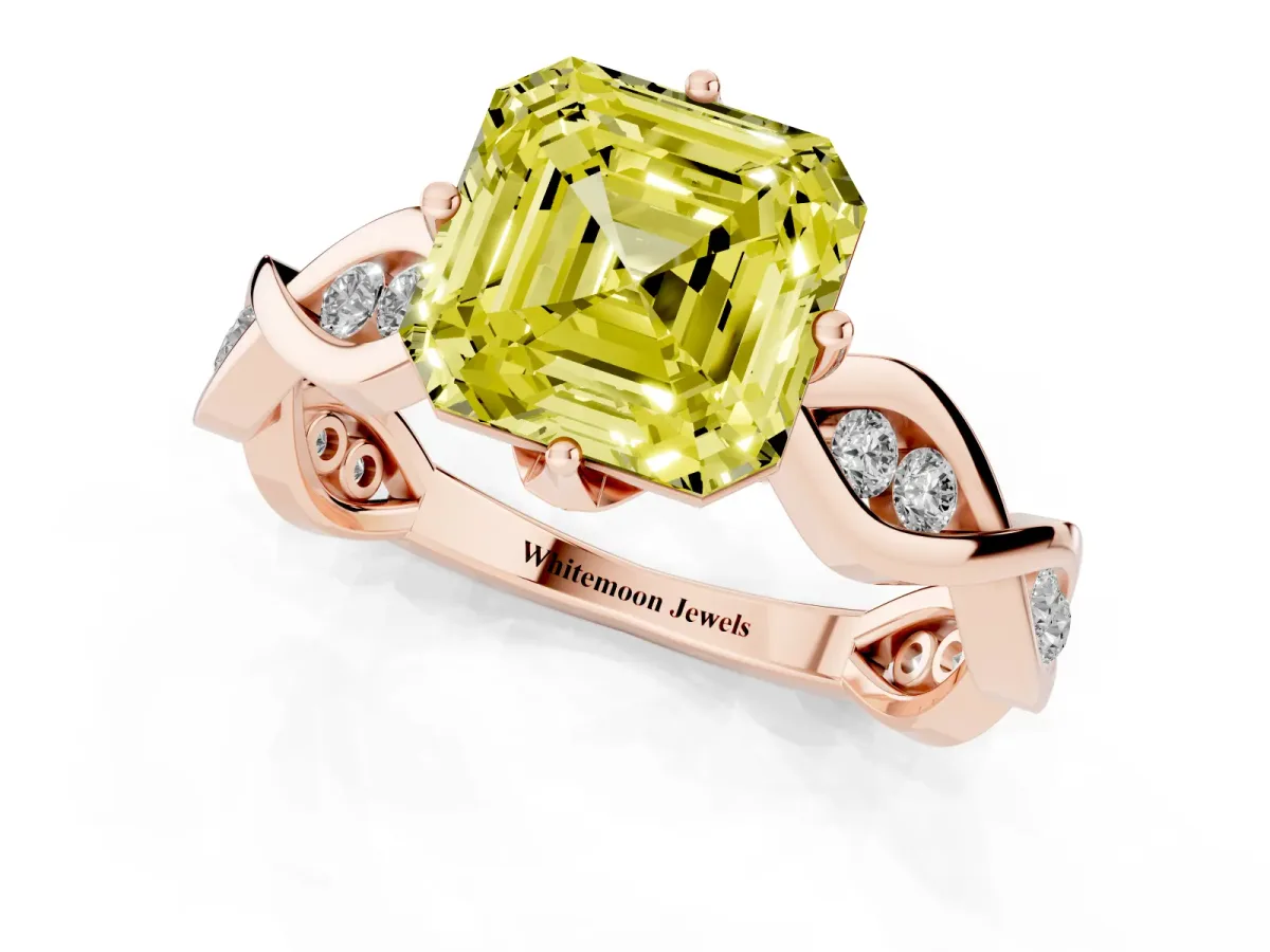 Fancy Yellow Asscher Cut Solitaire Twist Band with Leaf Prong Setting Rose gold