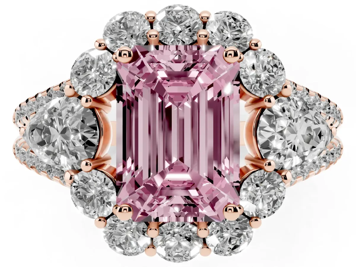 Fancy Pink Emerald Cut Halo Split Shank Diamond Engagement Ring with Prong Setting Rose gold