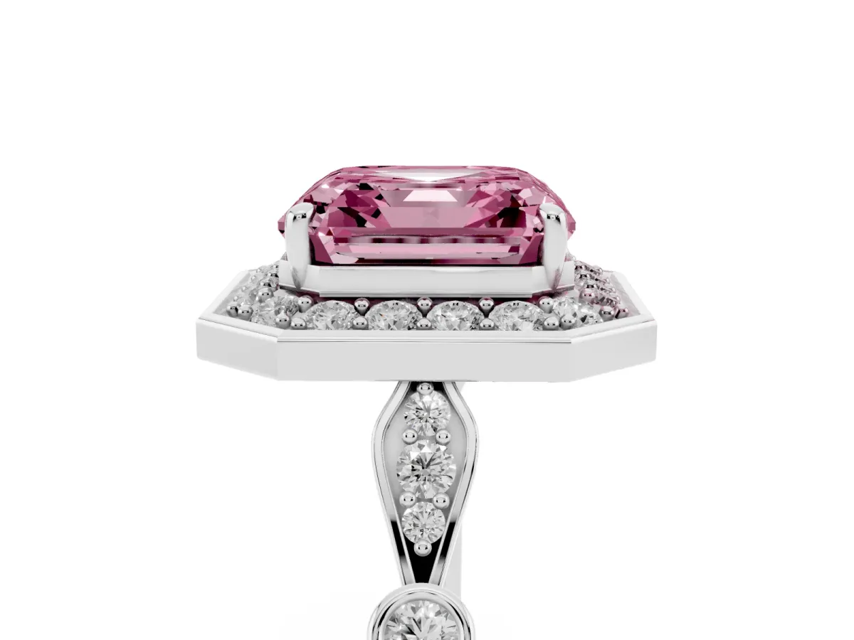 Fancy Pink Asscher Cut Halo Diamond Engagement Ring with Twisted Band and Four-Prong Setting White gold