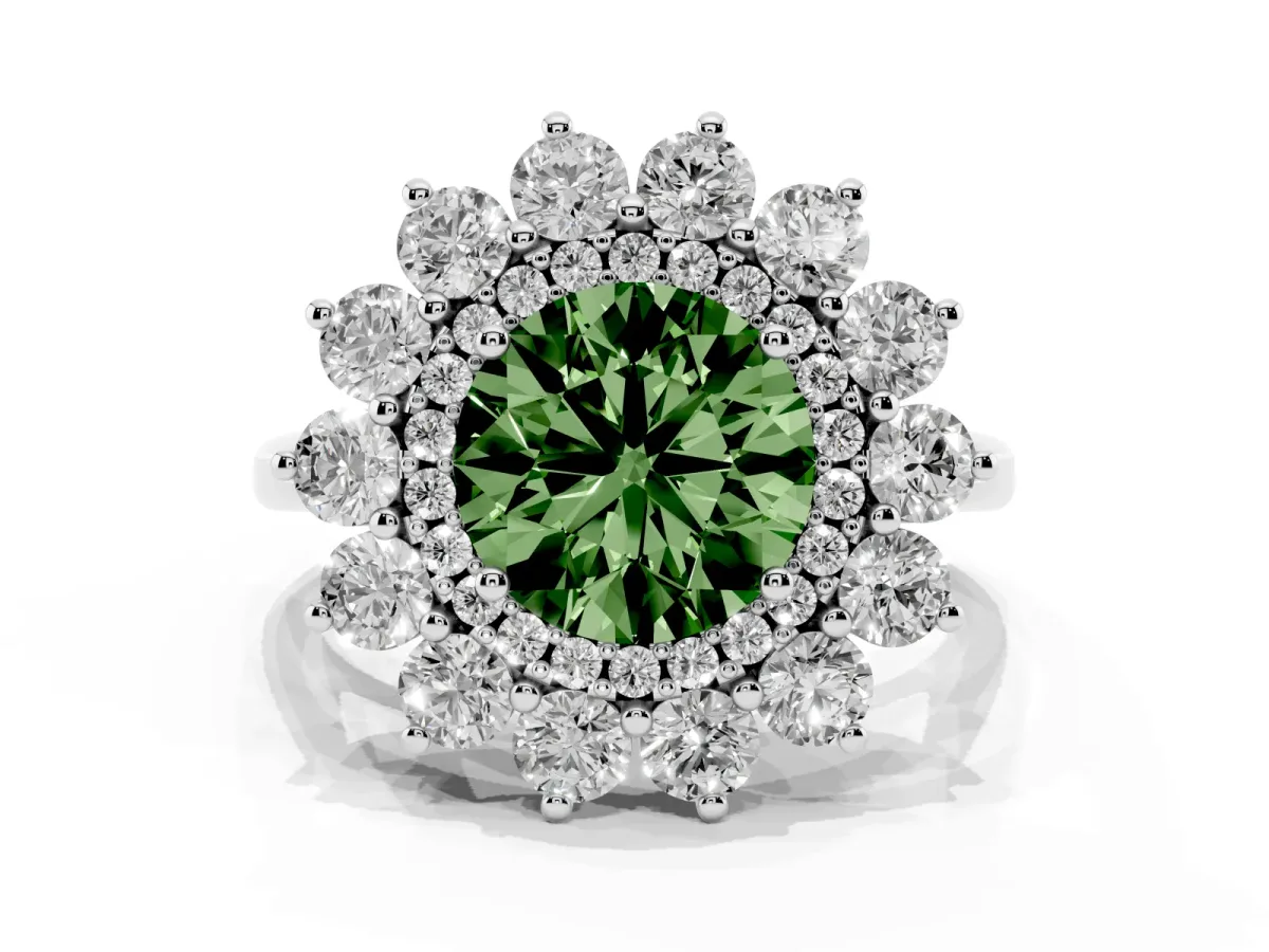 Fancy Green Round Cut Diamond Floral Double Halo Engagement Ring with Prong Setting Platinum