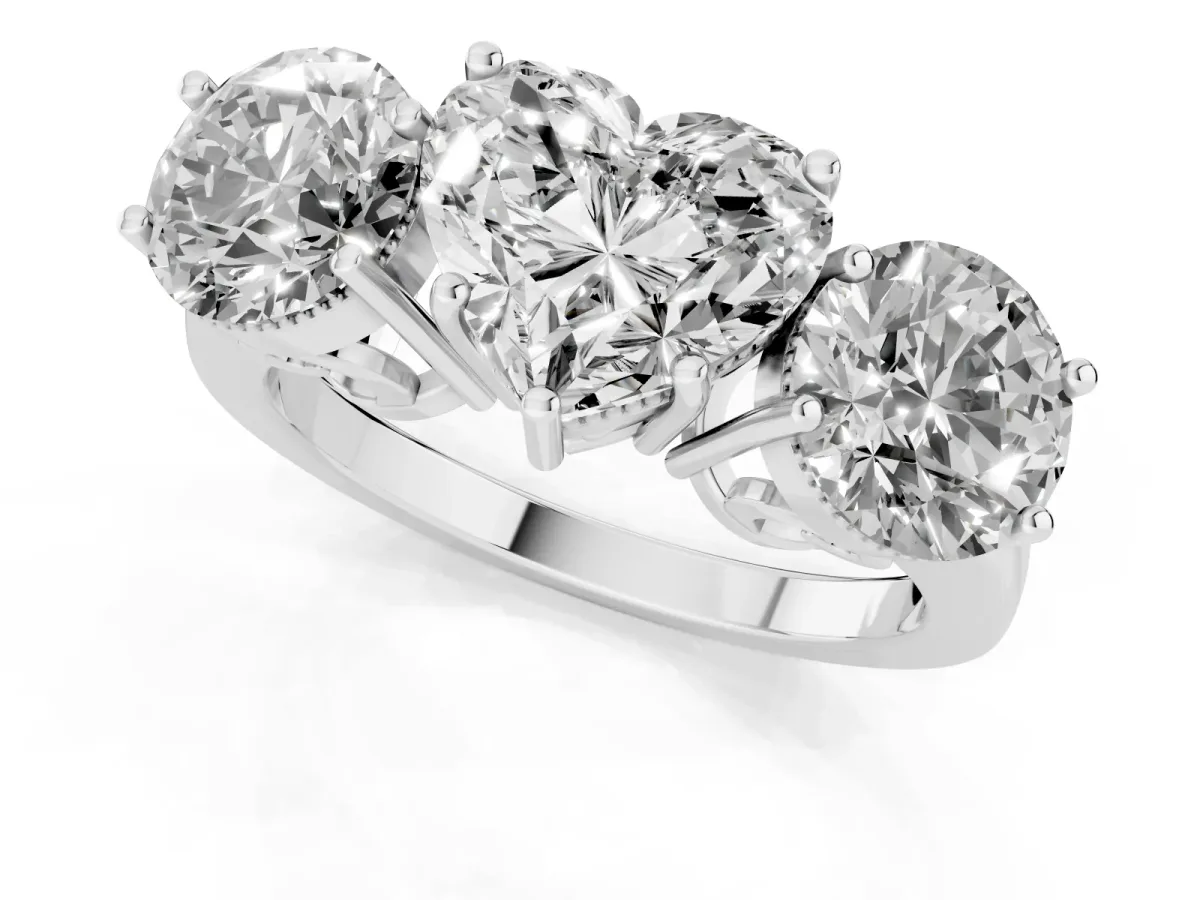 Three-Stone Heart Cut Diamond Engagement Ring with Prong Setting on a Classic Band Silver