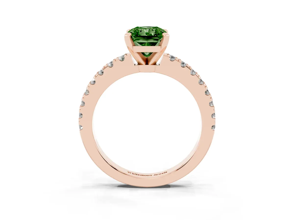 Fancy Green Radiant Cut Solitaire Diamond with Pavé Band and Four-Prong Setting Rose gold