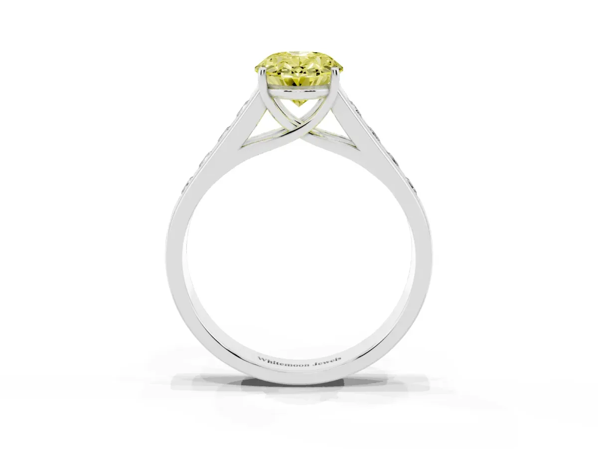 Fancy Yellow Oval Cut Brilliant Channel-Set Solitaire Ring with Four-Prong Setting Silver