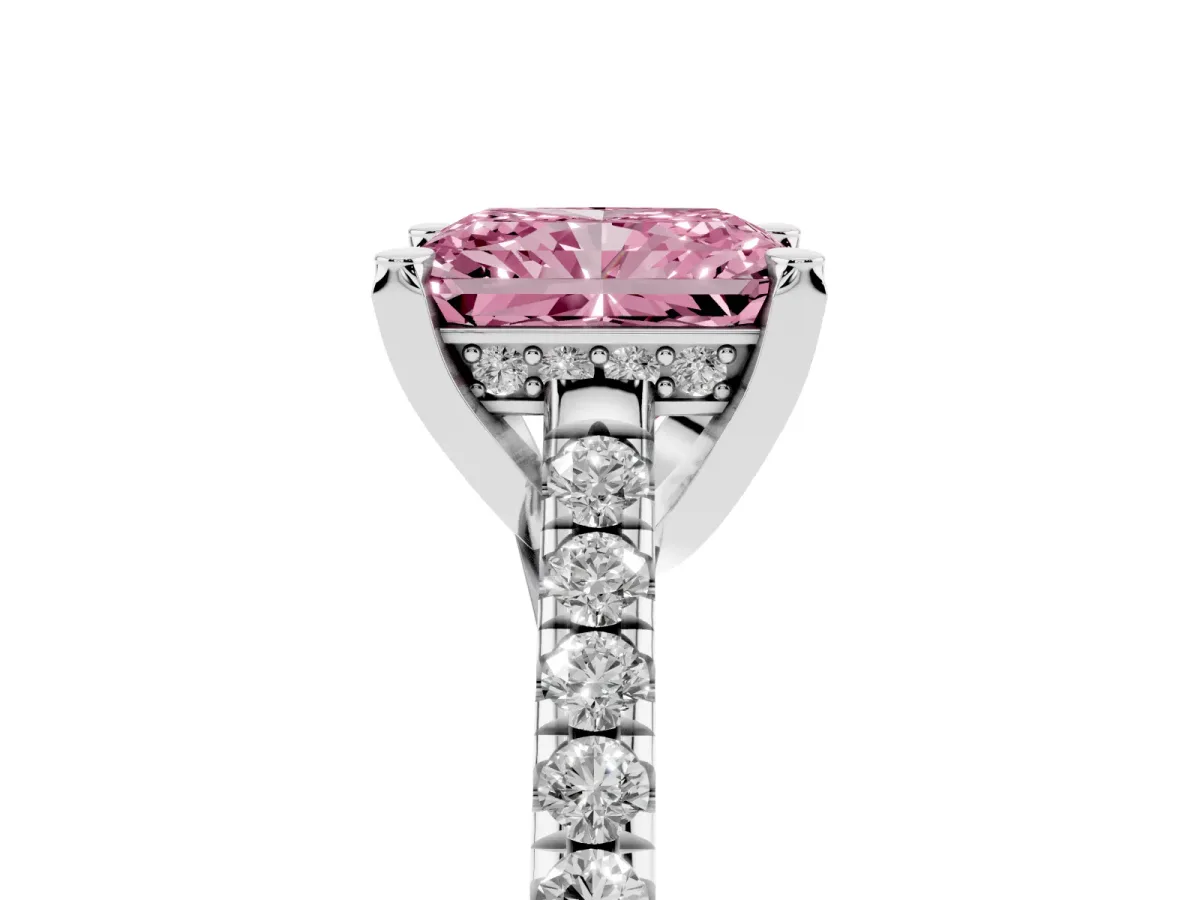 Fancy Pink Radiant Cut Brilliant Diamond Solitaire with Pavé Band and Four-Prong Setting Platinum