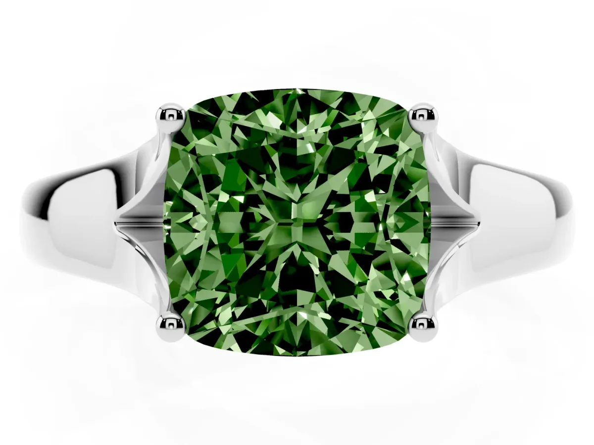 Fancy Green Cushion Cut Solitaire Diamond Ring with Cathedral Band and Four-Prong Setting Silver