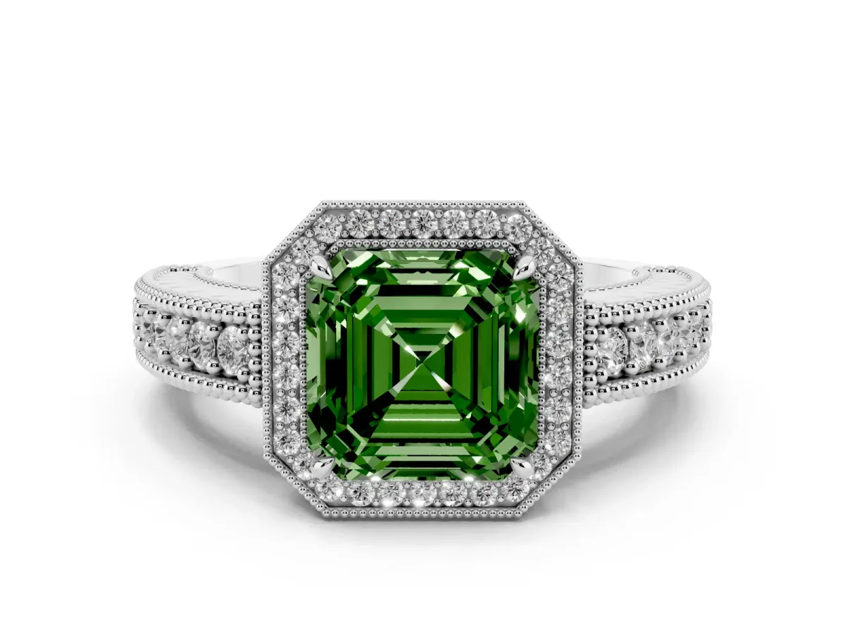 Fancy Green Asscher Cut Cut Halo Diamond Ring with Pavé Band and Four-Prong Setting Platinum