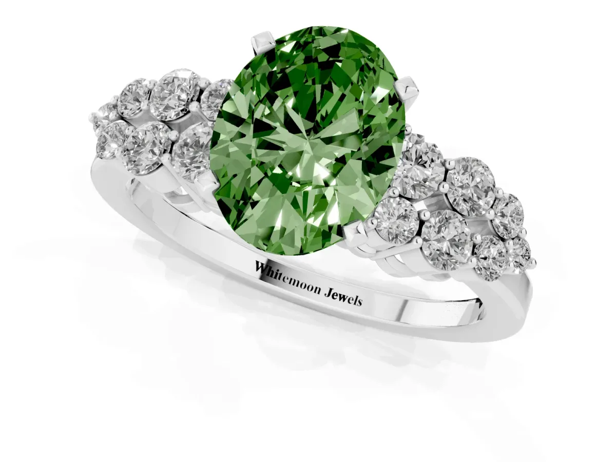 Fancy Green Oval Cut Cluster Diamond Engagement Ring with Pavé Band and Four-Prong Setting Platinum