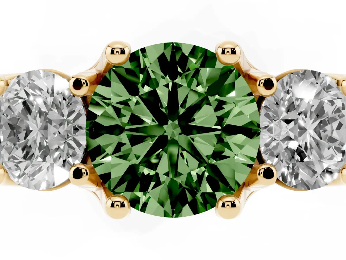 Fancy Green Round Cut Diamond Three-Stone Ring with Channel Set Band and Four-Prong Setting Yellow gold