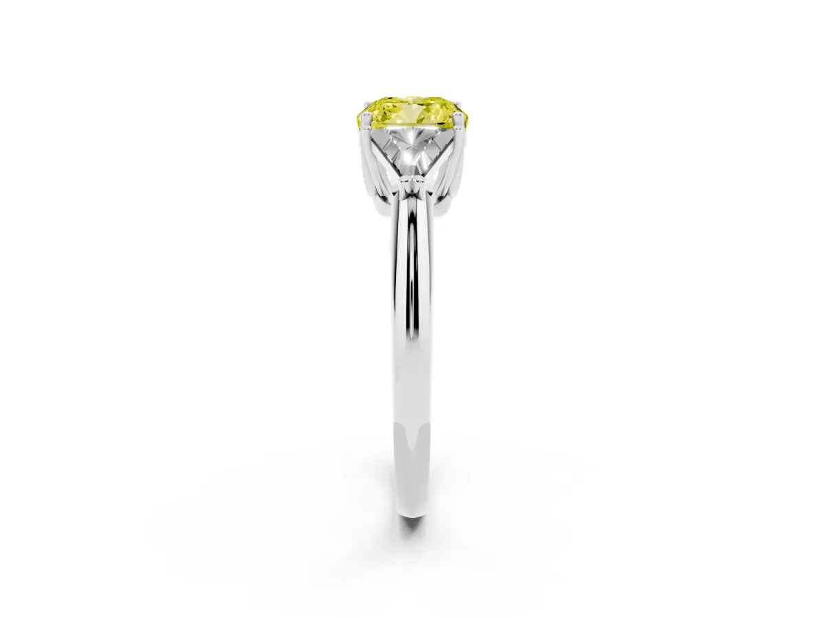 Fancy Yellow Three-Stone Cushion Cut Diamond Engagement Ring with Trillion Side Stones and Prong Setting Silver