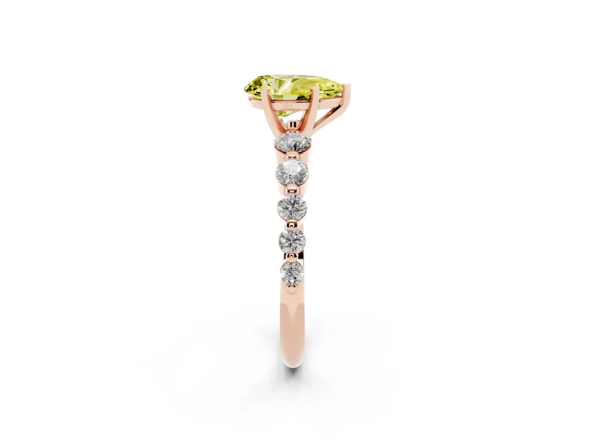Fancy Yellow Pear Cut Solitaire Diamond Ring with Pave Band and Four-Prong Setting Rose gold