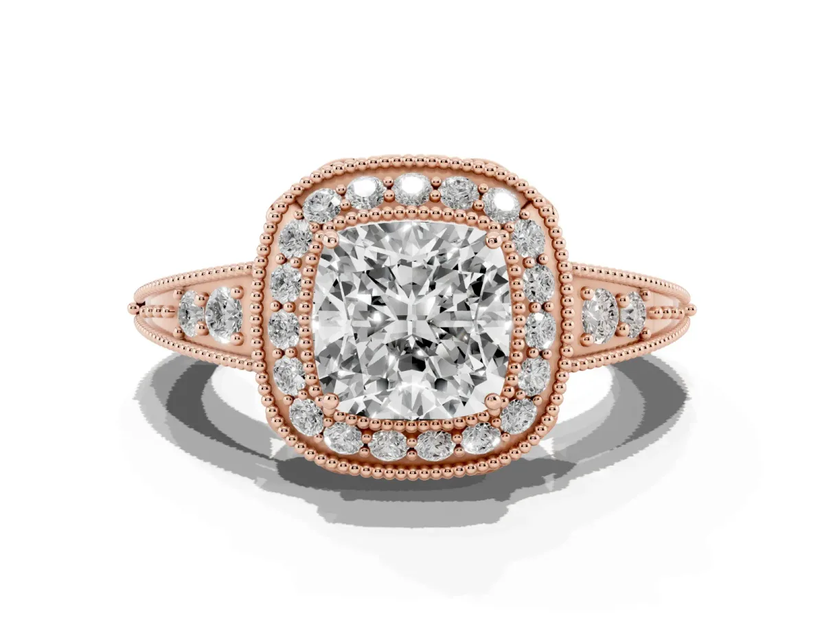 Cushion Cut Halo Diamond Split Shank Ring with Milgrain Detail Rose gold