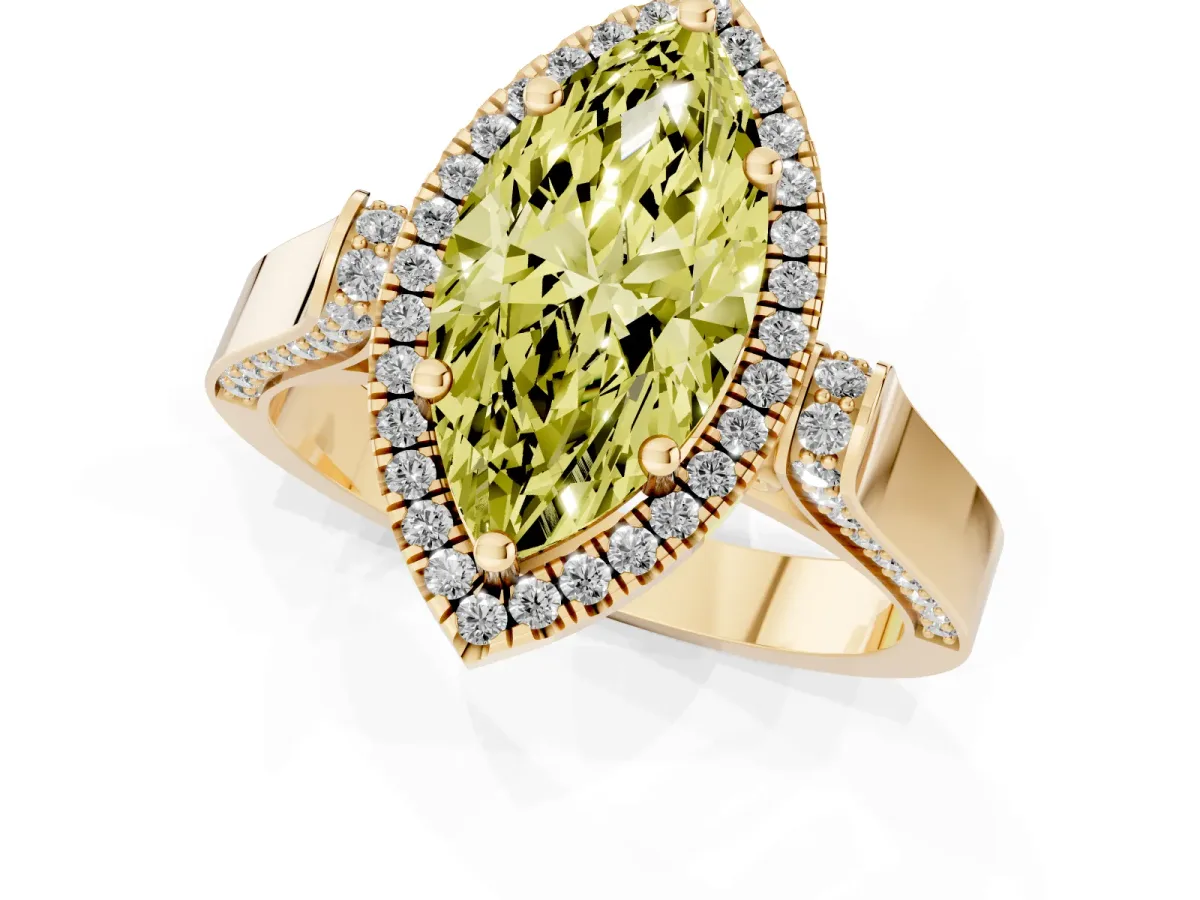 Fancy Yellow Marquise Cut Halo Round Diamond Twist Band with Four-Prong Setting Yellow gold