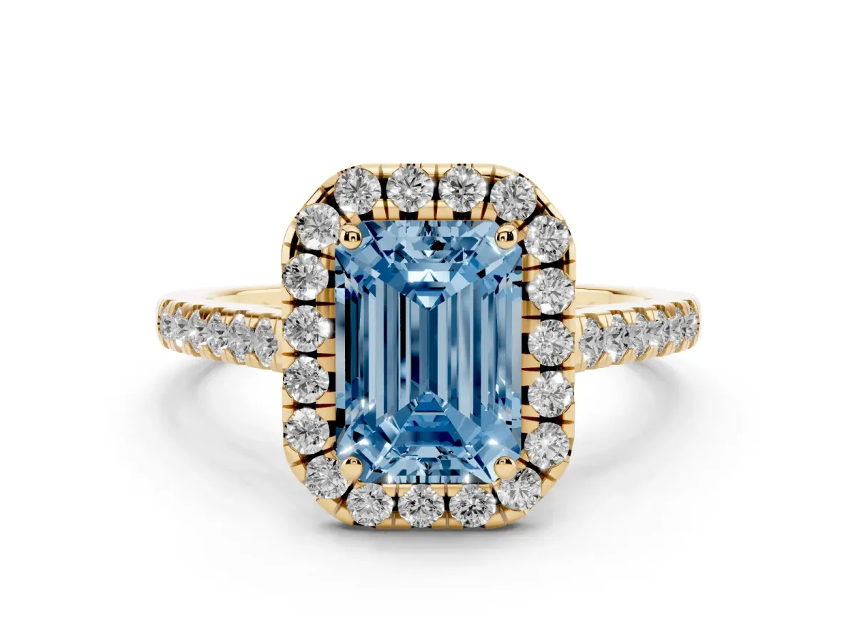 Fancy Blue Emerald Cut Halo Pave Diamond Engagement Ring with Four-Prong Setting Yellow gold