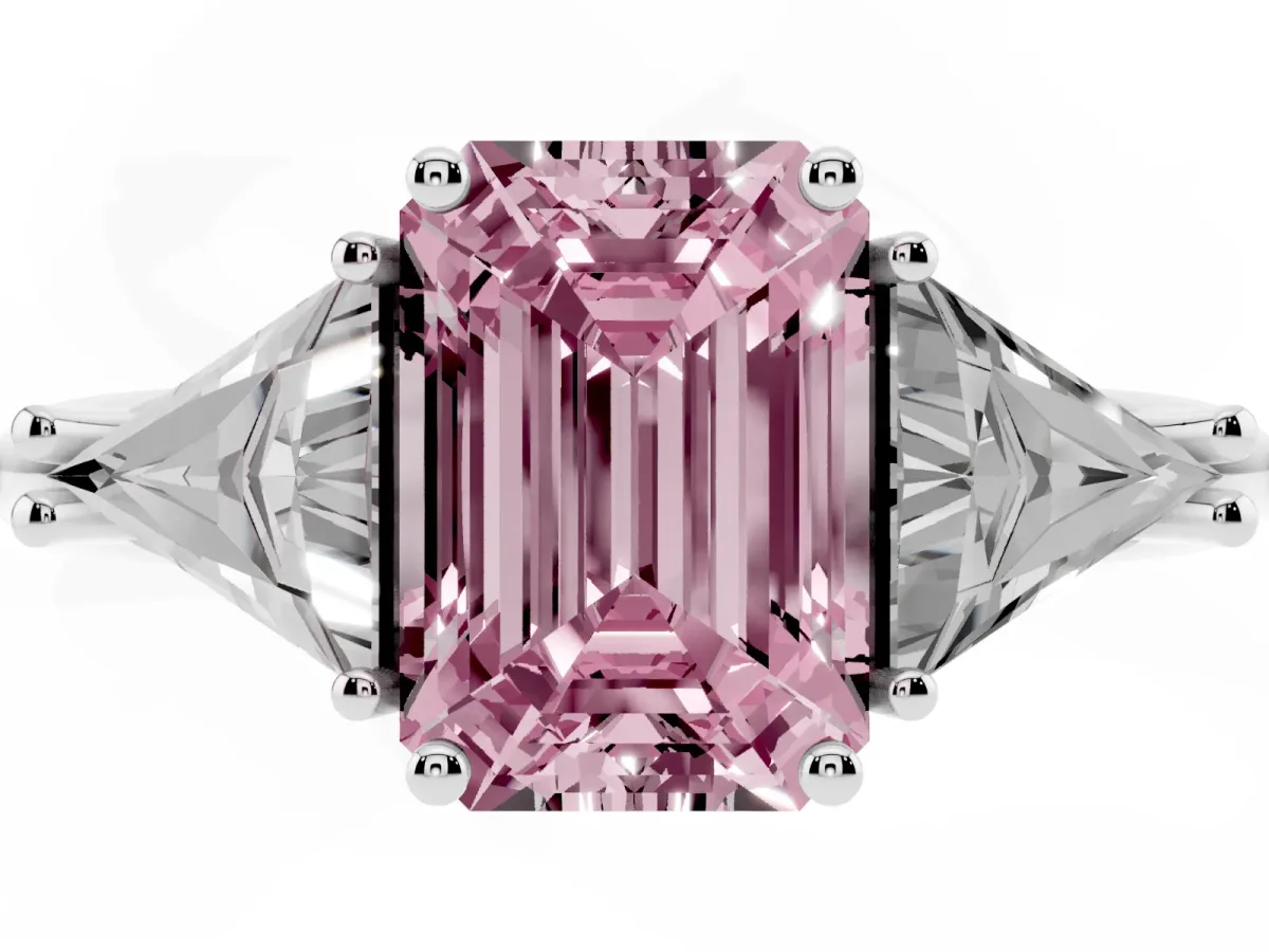 Fancy Pink Three-Stone Emerald Cut Diamond Engagement Ring with Trillion Side Stones and Prong Setting Silver