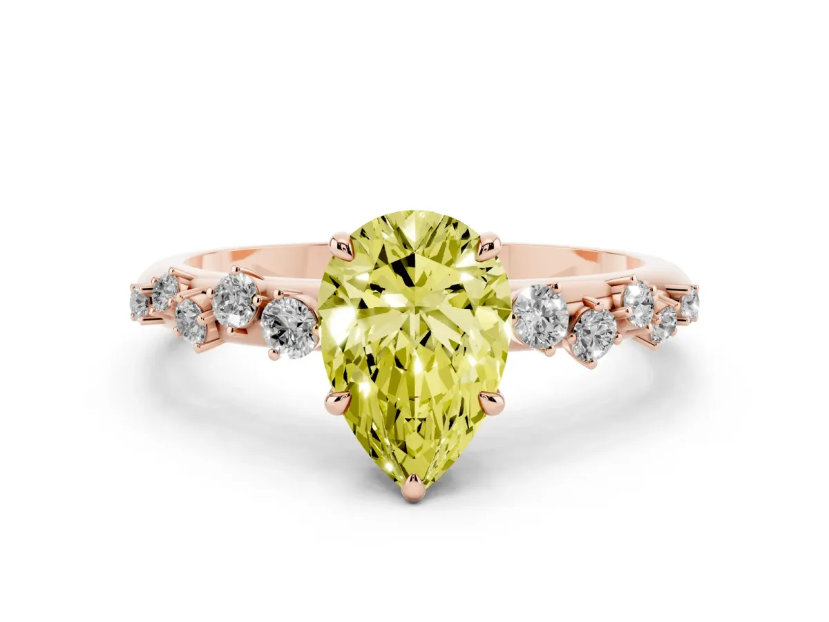 Fancy Yellow Pear Cut Diamond Cluster Prong-Set Solitaire Ring Rose gold