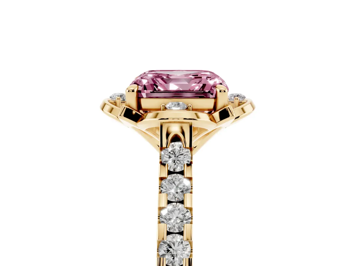 Fancy Pink Asscher Cut Diamond Ring with Pavé Band and Floral Prong Setting Yellow gold