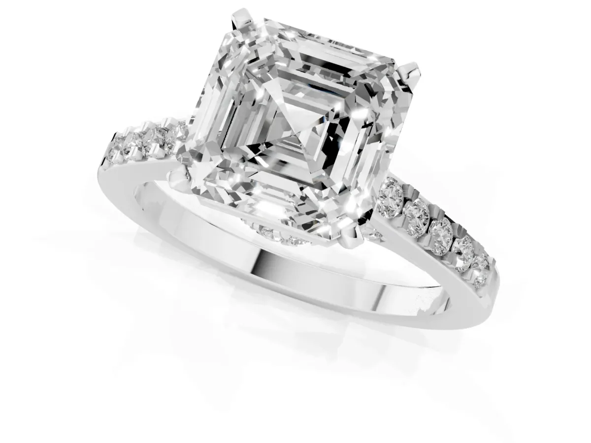 Asscher Cut Diamond Solitaire Ring with Crossover Gallery and Round Pavé Band White gold