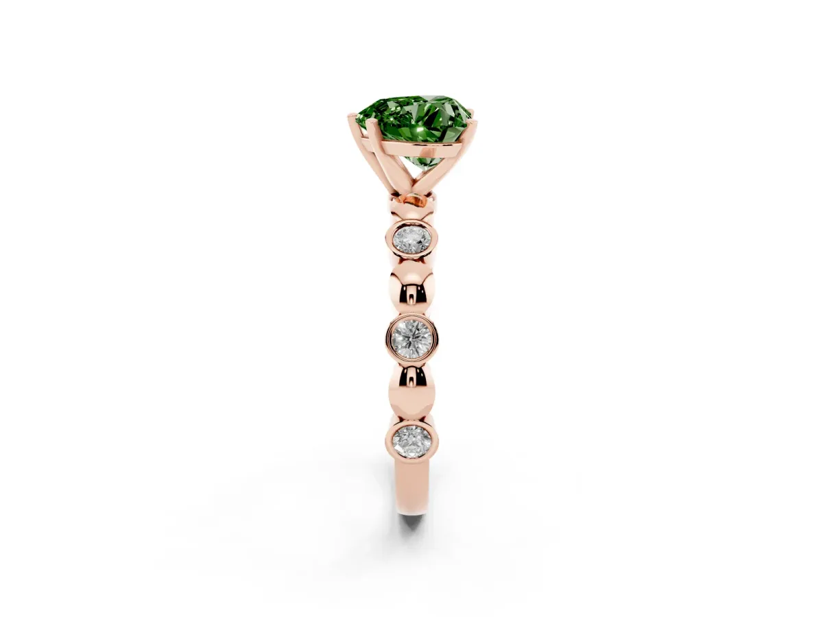 Fancy Green Heart Cut Solitaire Bezel-Set Diamond Ring with Beaded Band and Four-Prong Setting Rose gold