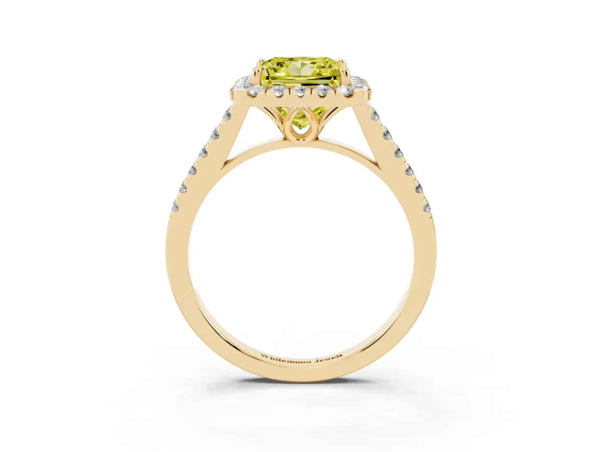 Fancy Yellow Princess Cut Halo Pavé Diamond Engagement Ring with Four-Prong Setting Yellow gold
