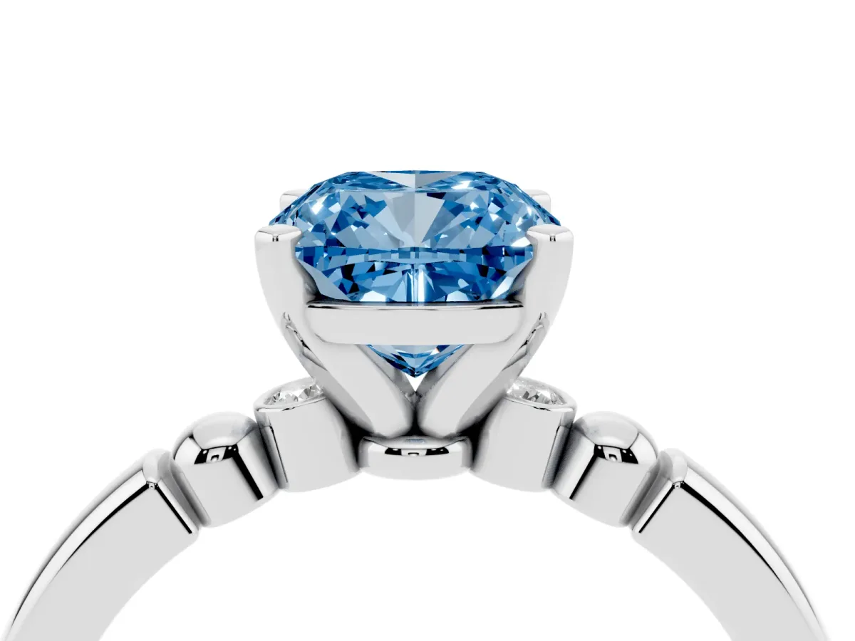 Fancy Blue Cushion Cut Solitaire Beaded Band with Four-Prong Setting White gold