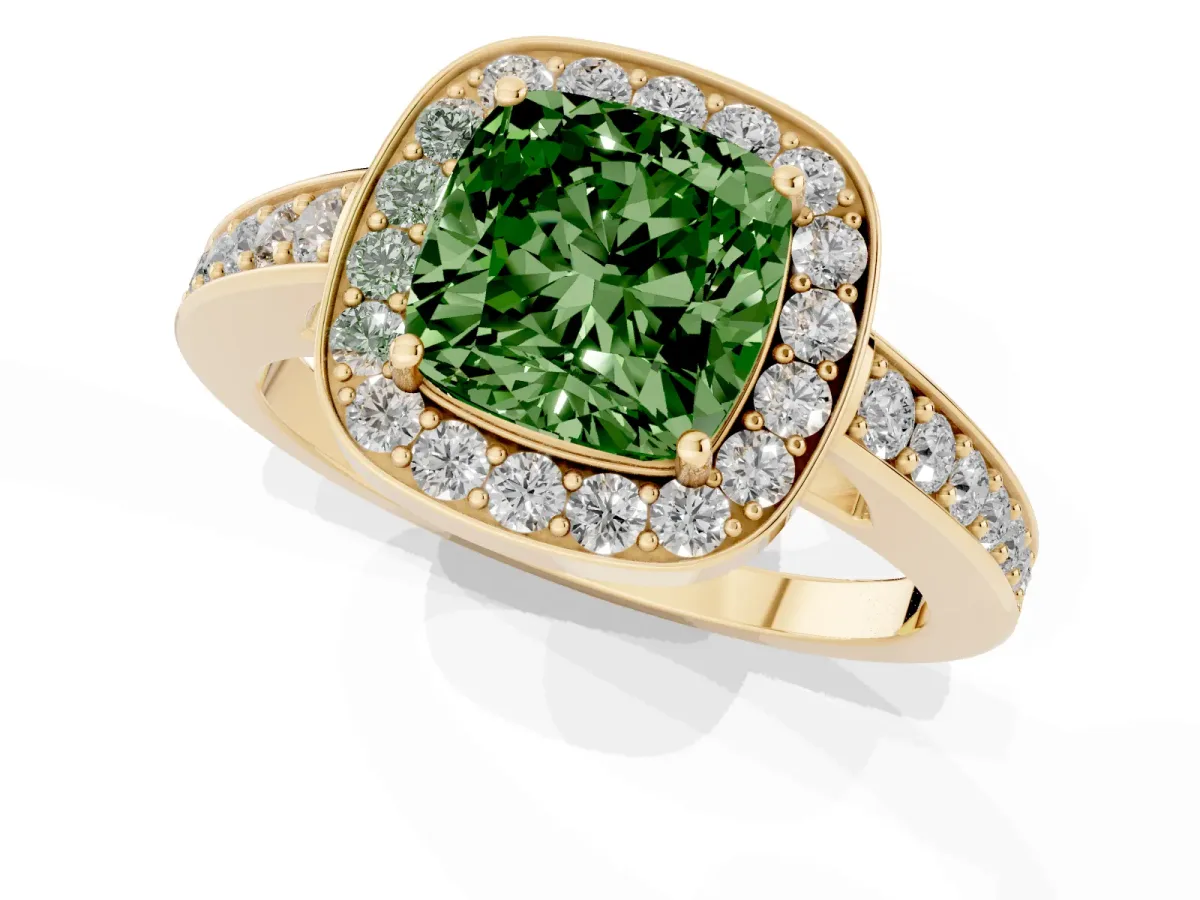 Fancy Green Cushion Cut Halo Pavé Diamond Engagement Ring with Bezel Setting Yellow gold
