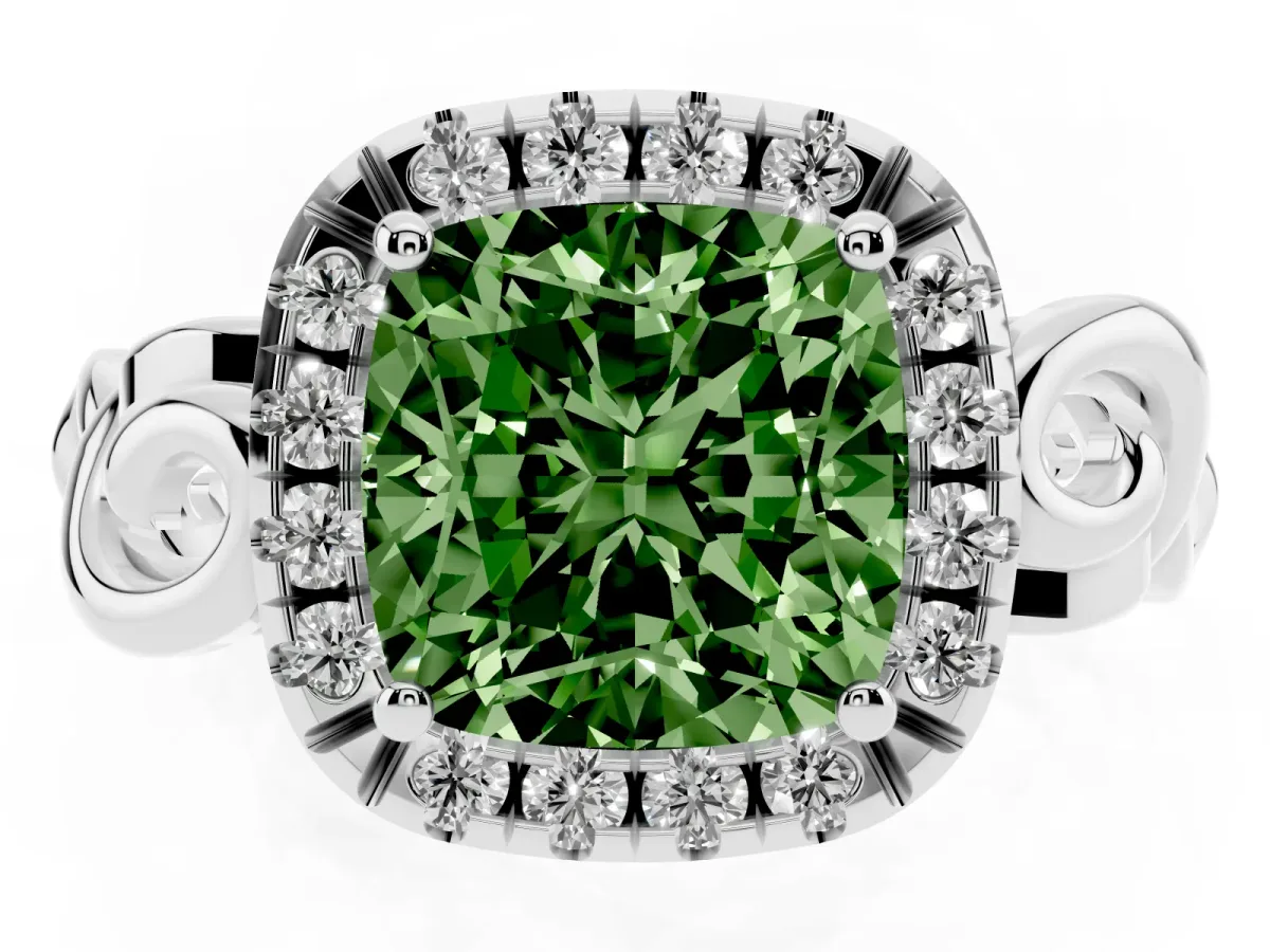 Fancy Green Cushion Cut Cut Halo Diamond Ring with Scrollwork Band and Four-Prong Setting Silver
