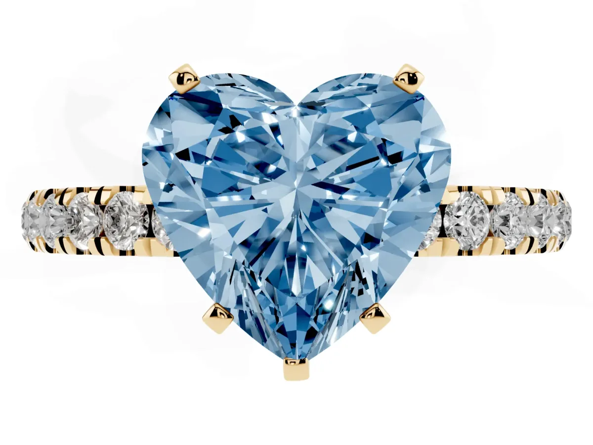Fancy Blue Heart Cut Diamond Solitaire Ring with Pavé Accents and Four-Prong Setting Yellow gold