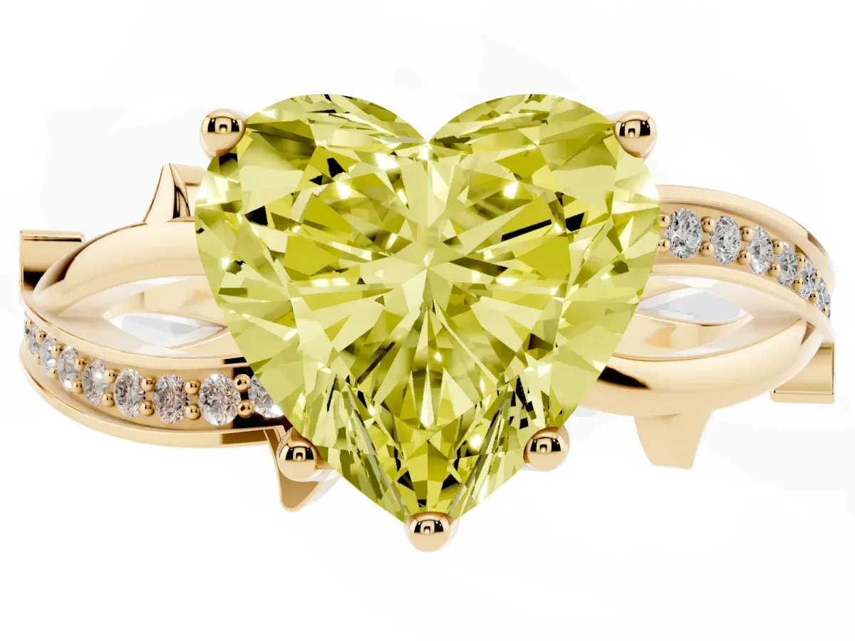 Fancy Yellow Heart Cut Solitaire Twist Band with Pavé Accents and Four-Prong Setting Yellow gold