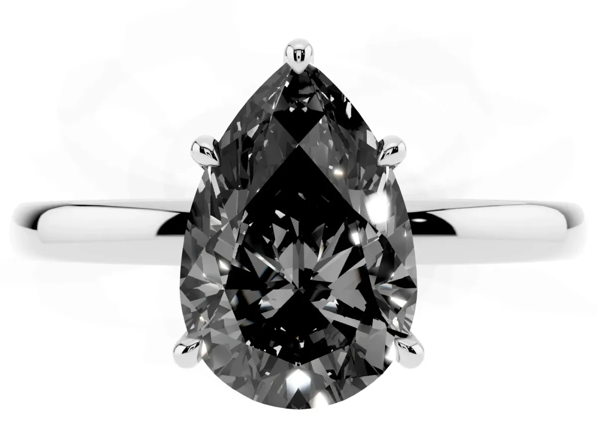 Fancy Black Pear Cut Solitaire Engagement Ring with Cathedral Band and Four-Prong Setting Silver