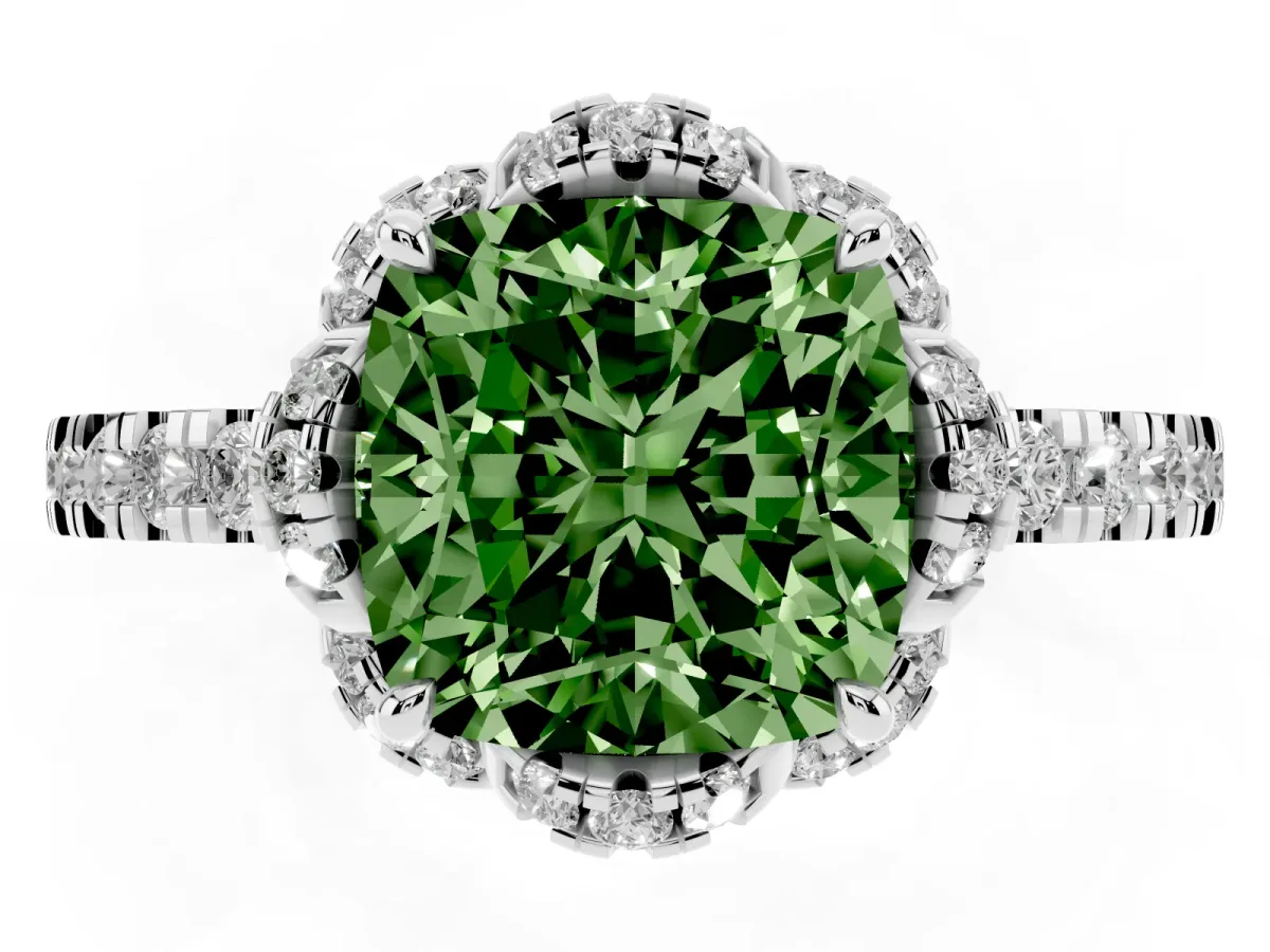 Fancy Green Cushion Cut Halo Diamond Pave Band Ring with Four-Prong Setting Silver