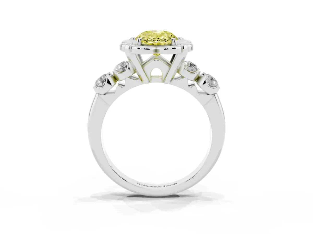 Fancy Yellow Oval Cut Cut Diamond Floral Halo Engagement Ring with Shared Prong Setting Silver