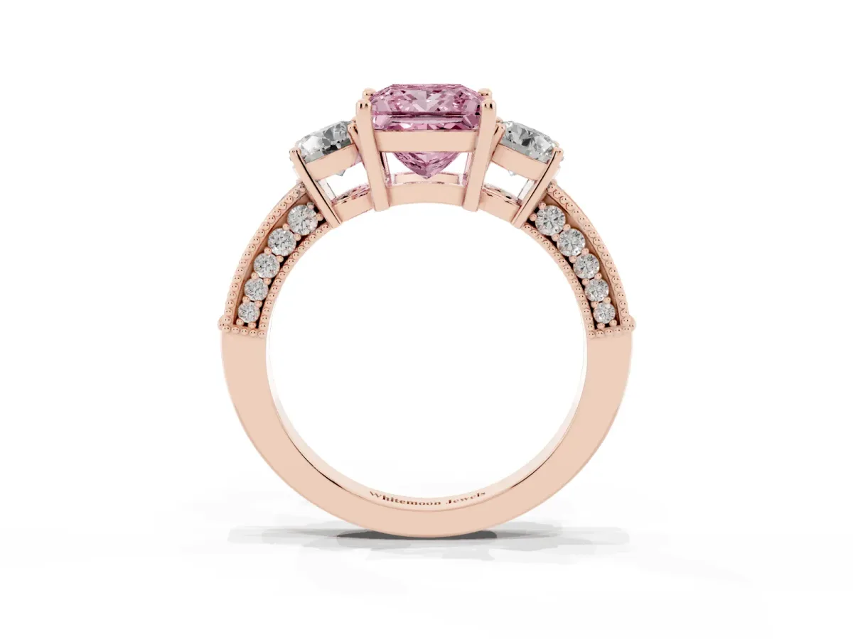 Fancy Pink Princess Cut Three-Stone Diamond Ring with Pavé Band and Four-Prong Setting Rose gold