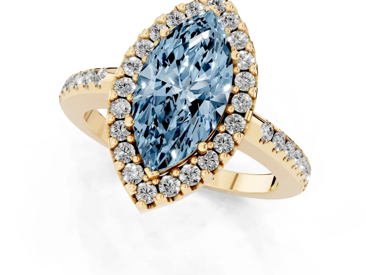 Fancy Blue Marquise Cut Diamond Pavé Halo Ring with Four-Prong Setting Yellow gold