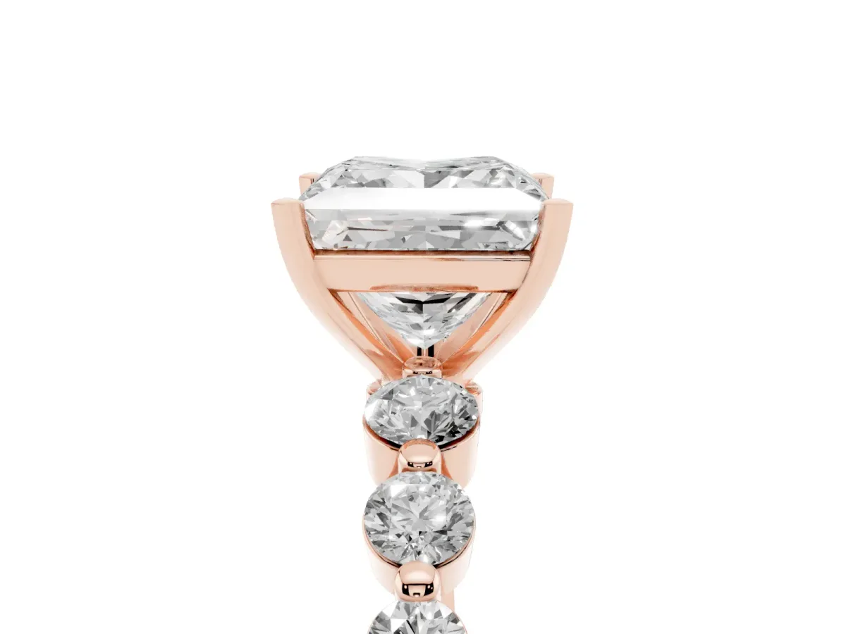 Princess Cut Solitaire Diamond Ring with Pave Band and Four-Prong Setting Rose gold