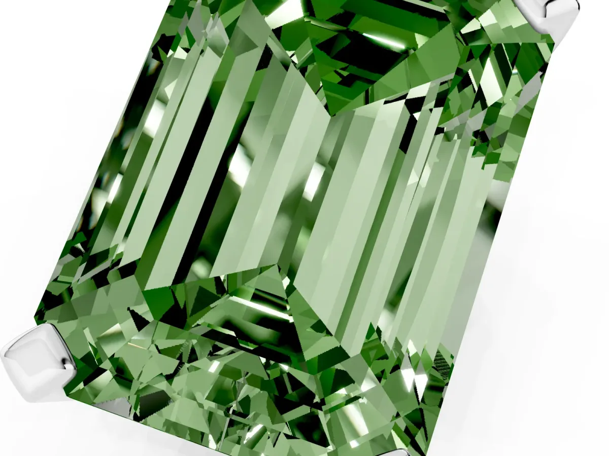 Fancy Green Emerald Cut Diamond Solitaire Ring with Prong Setting and Classic Band Platinum