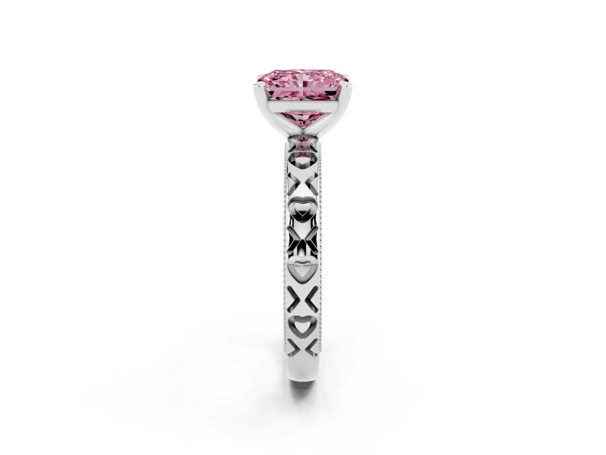 Fancy Pink Radiant Cut Solitaire Diamond Engagement Ring with XO Engraved Band and Four-Prong Setting White gold