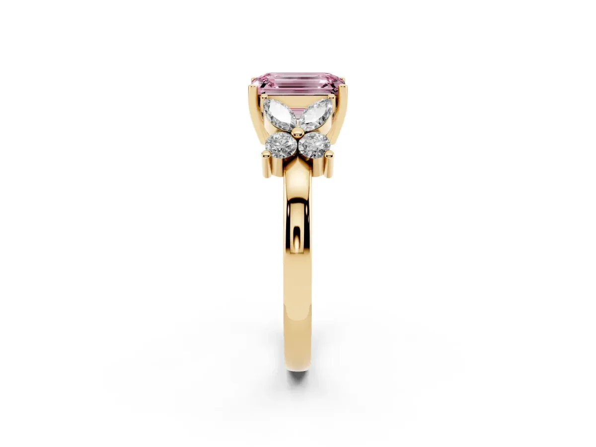 Fancy Pink Emerald Cut Diamond Floral Cluster Ring with Solitaire Band and Prong Setting Yellow gold