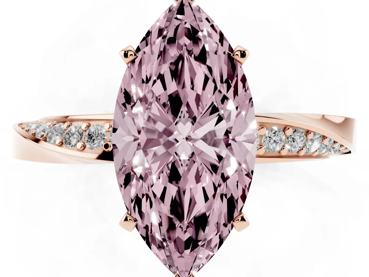 Fancy Pink Marquise Cut Diamond Engagement Ring with Side Stone Accents and Four-Prong Setting Rose gold
