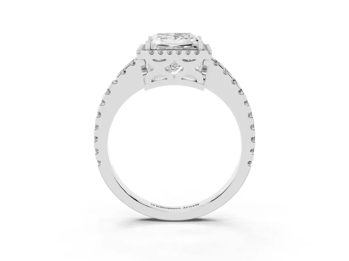 Princess Cut Diamond Halo Engagement Ring with Pavé Band and Prong Setting Platinum