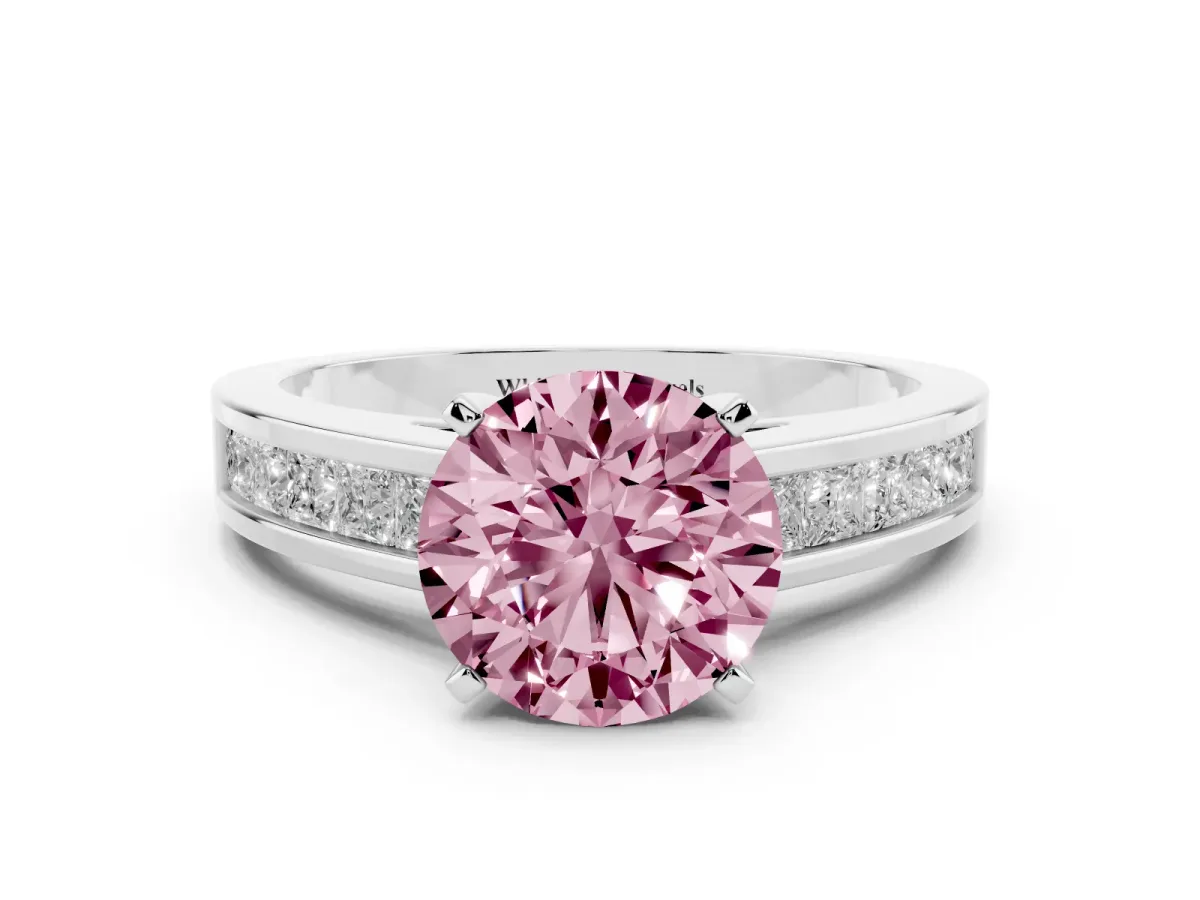 Fancy Pink Round Cut Solitaire Diamond Ring with Channel-Set Band and Four-Prong Setting Silver