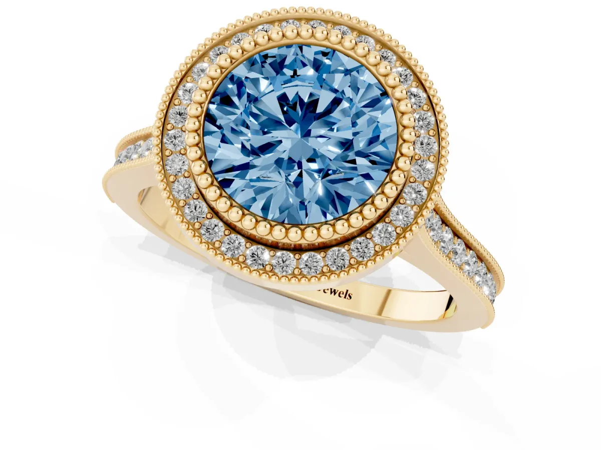 Fancy Blue Round Cut Diamond Halo Ring with Milgrain Frame and Pavé Band Yellow gold